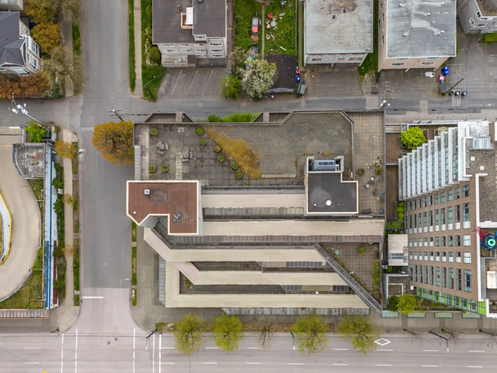 1212 West Broadway overhead aerial view of rooftop and building footprint