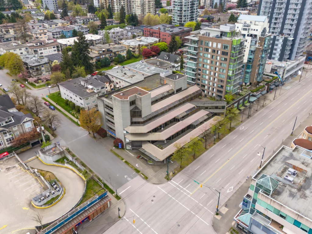 1212 West Broadway aerial view showing 5-storey commercial building in Vancouver