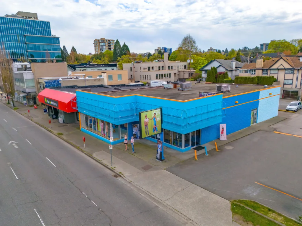 1862 West Broadway aerial exterior view of retail building on West Broadway, Kitsilano