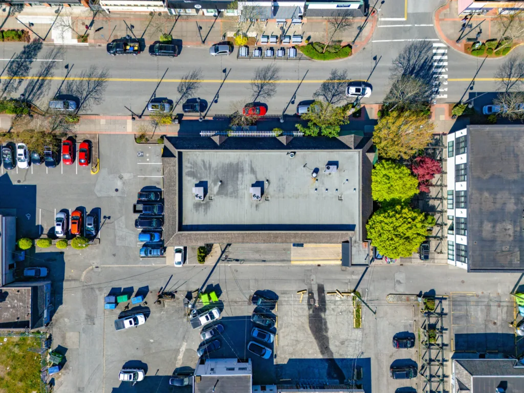 5630 176th Street overhead view showing rooftop and surrounding parking