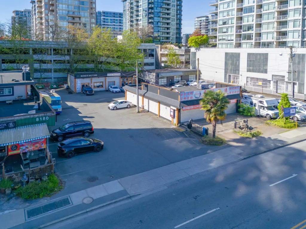 Aerial view of 8120-8180 Westminster Highway retail plaza with surface parking in Richmond