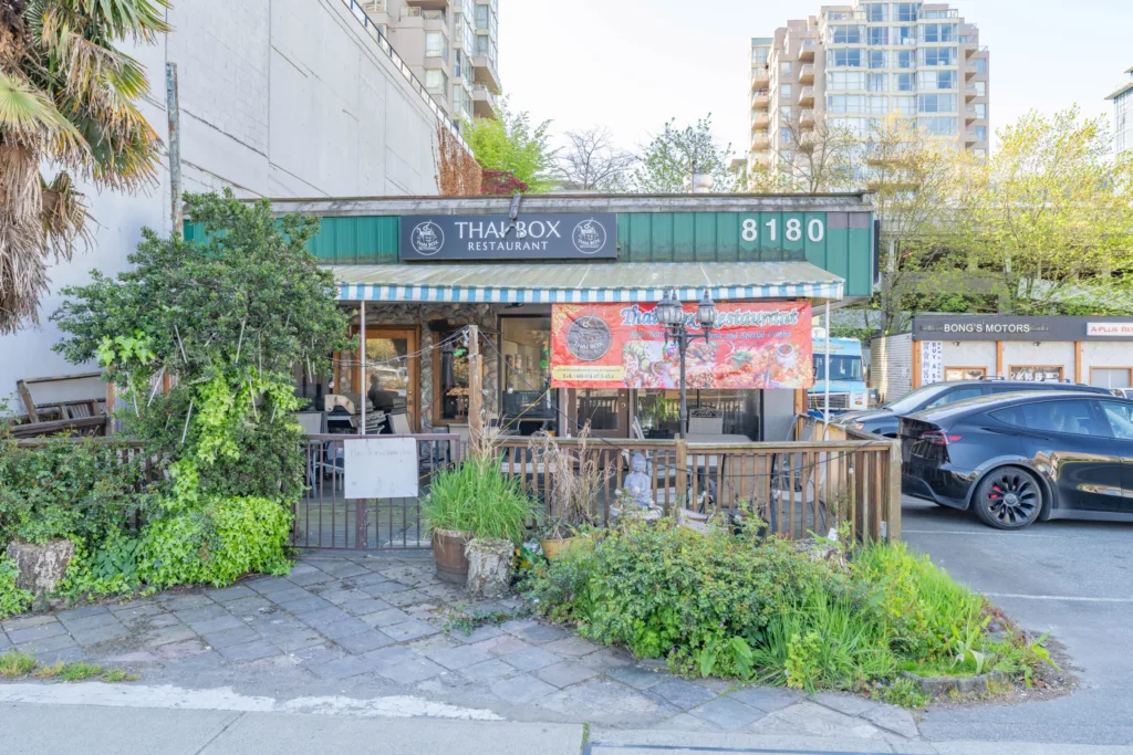 Thai Box Restaurant storefront with patio at 8180 Westminster Highway in Richmond