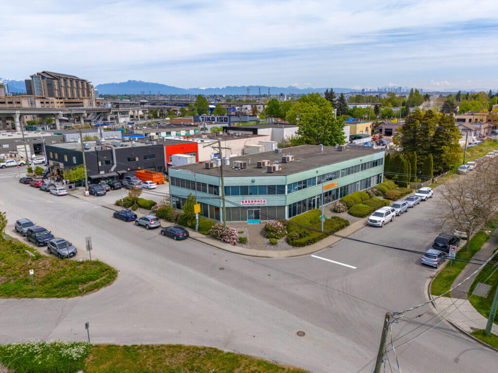 Aerial view of 8771 Douglas Street strata warehouse complex in Richmond