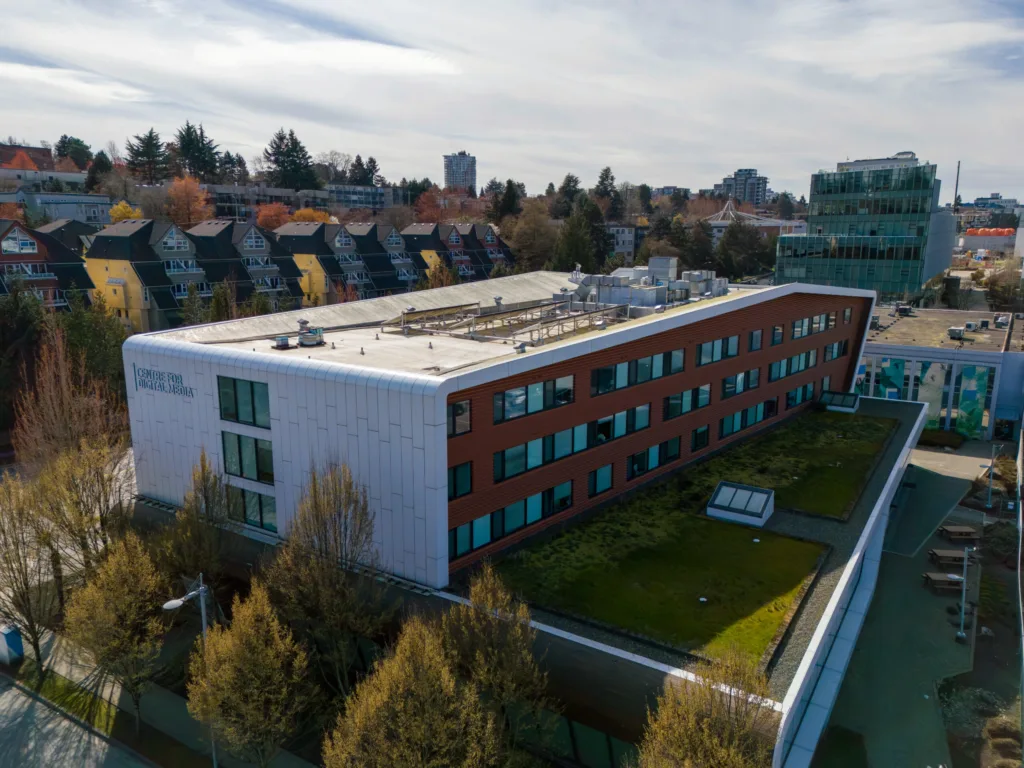 Centre for Digital Media rear aerial view showing green roof Vancouver