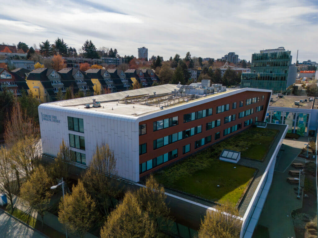 Centre for Digital Media rear aerial view showing green roof Vancouver