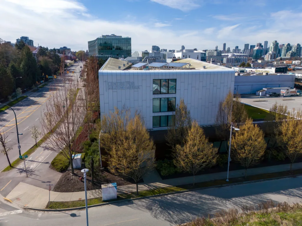 Centre for Digital Media west facade with Vancouver skyline in background