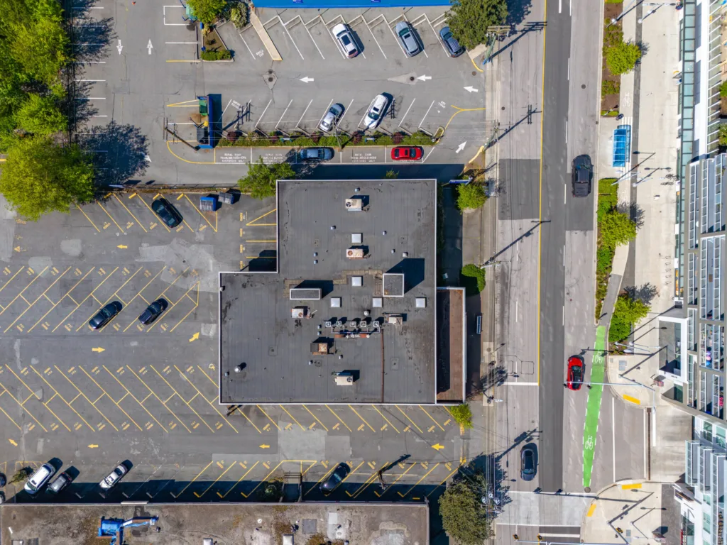 Overhead aerial view of Island Medical Centre Buildings at 8120 Cook Road showing rooftop and surrounding parking lot