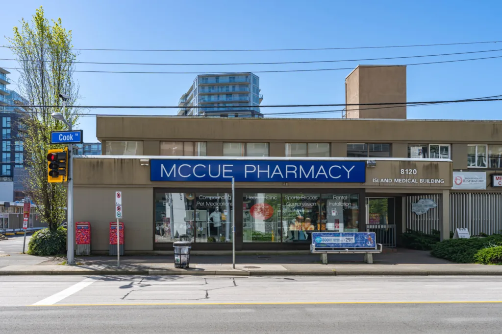 Island Medical Centre street-level exterior with McCue Pharmacy at 8120 Cook Road