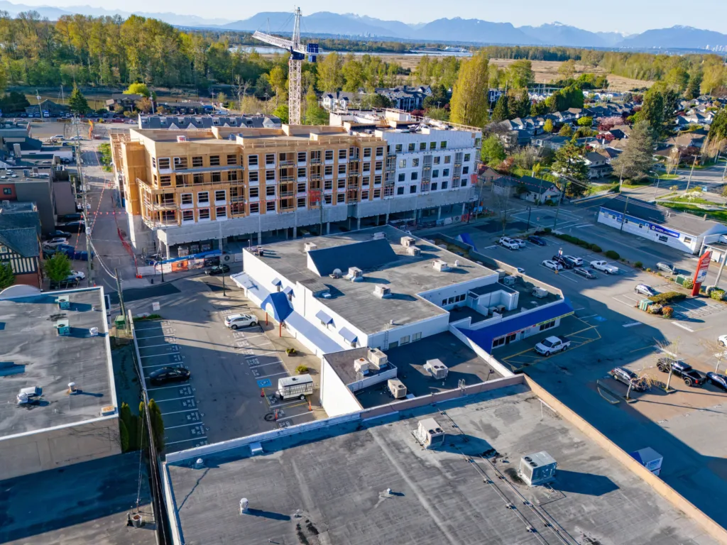 Aerial view of Ladner Harbour Centre and surrounding Ladner Village in Delta BC