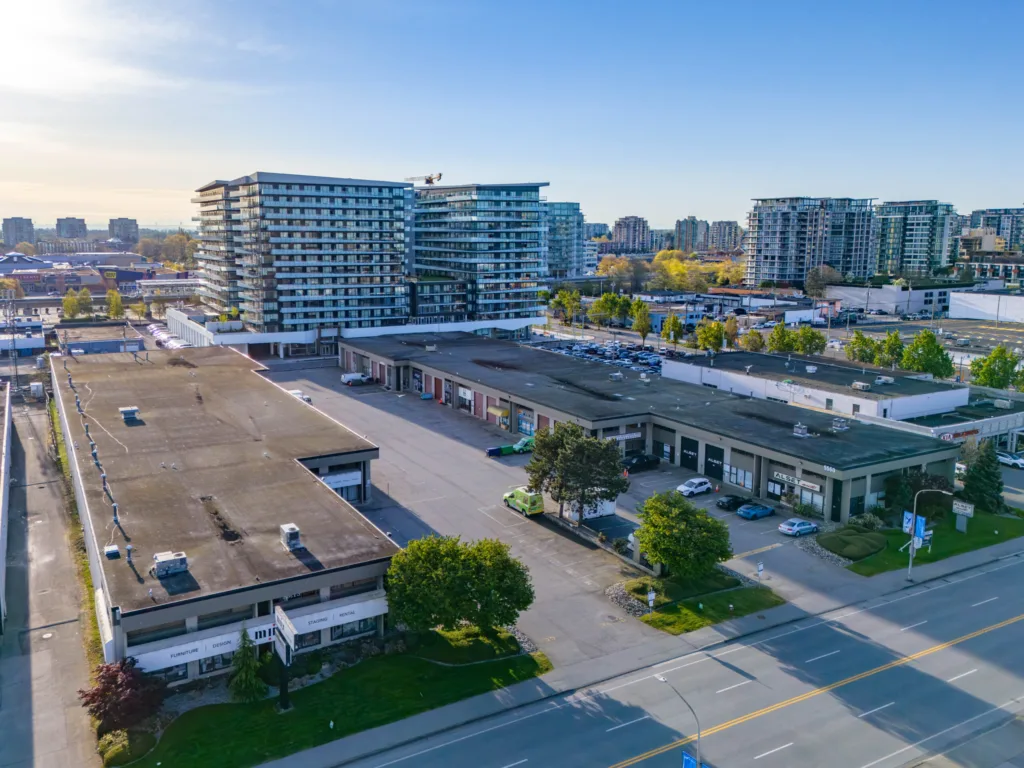 Minoru Plaza aerial view of two-building complex on Minoru Boulevard