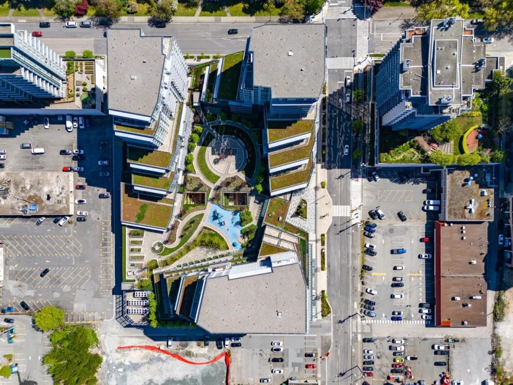 One Park Richmond overhead view showing private park and green roof amenities