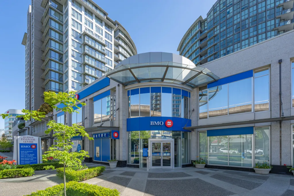 Richmond Financial Centre main entrance with BMO signage on No. 3 Road