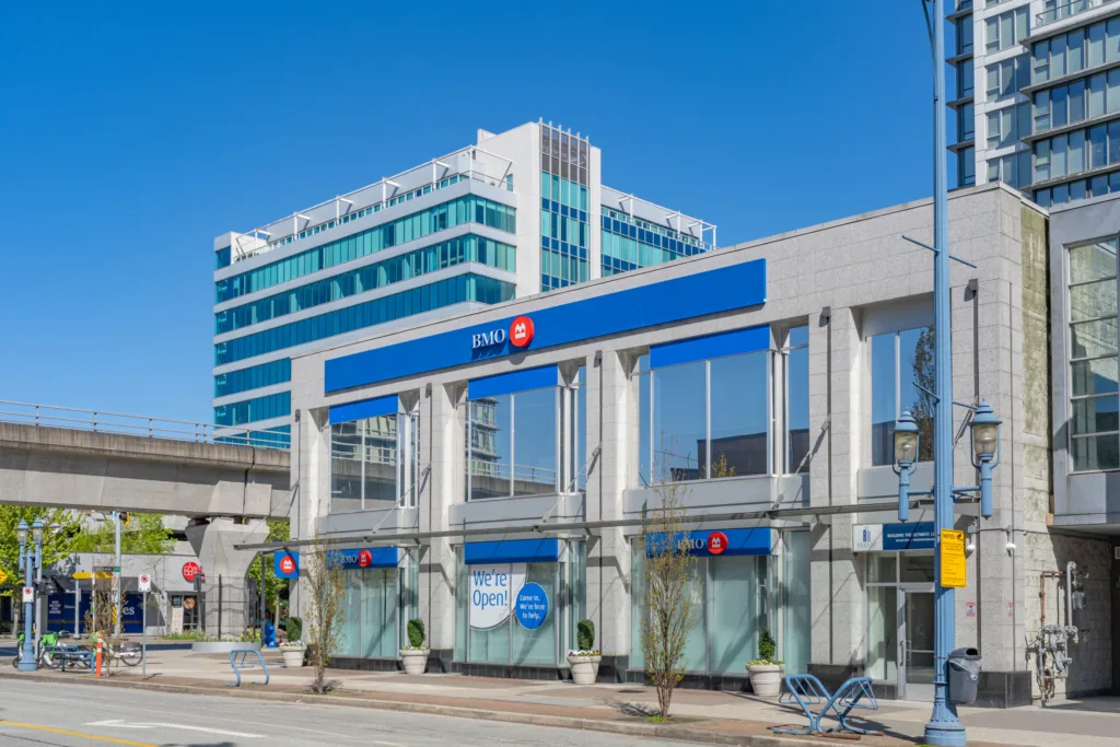 Richmond Financial Centre west facade with BMO signage and Canada Line guideway