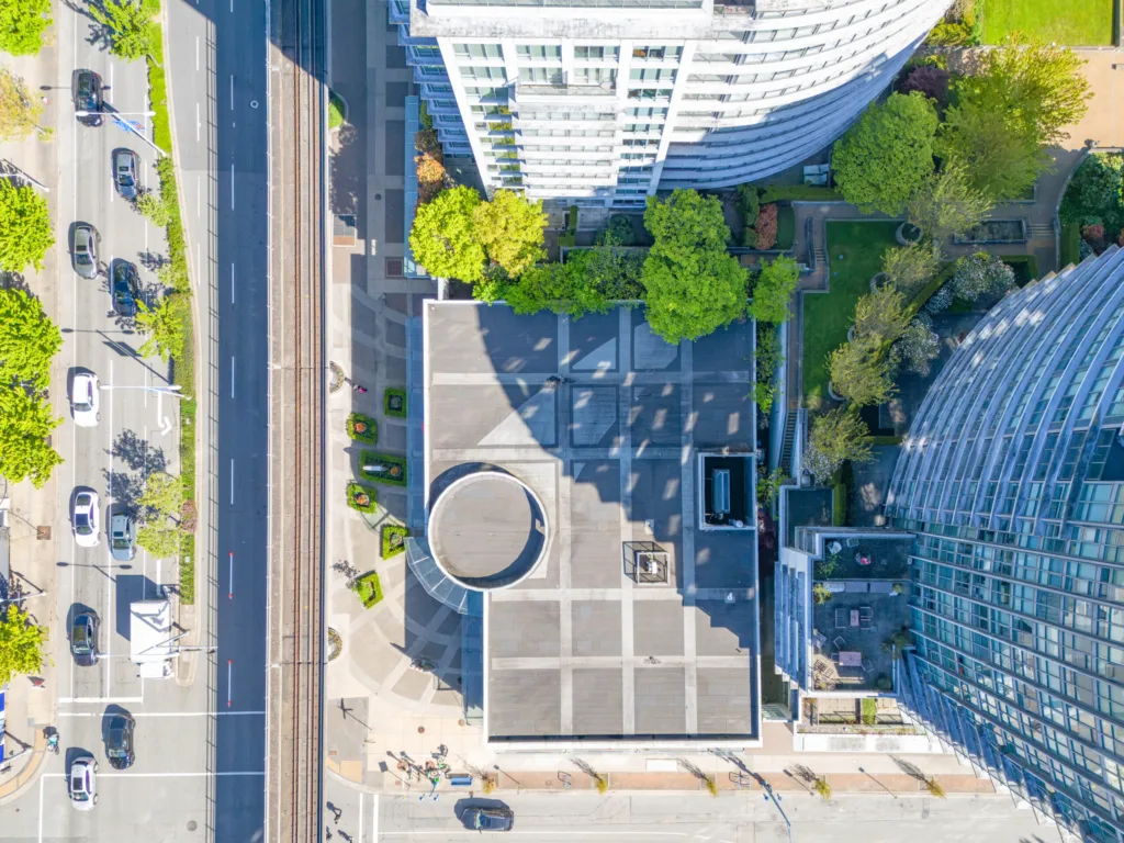 Richmond Financial Centre overhead view showing rooftop and No. 3 Road