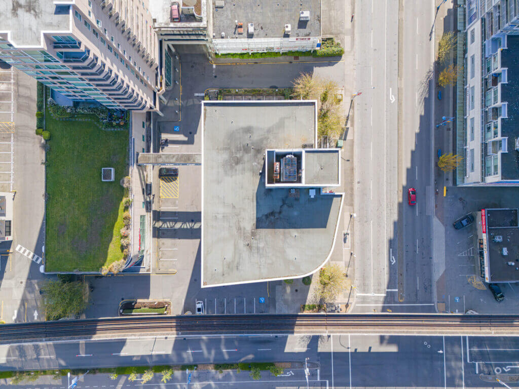 Vancity Tower top-down aerial view of rooftop and building footprint at No. 3 Road and Westminster Highway