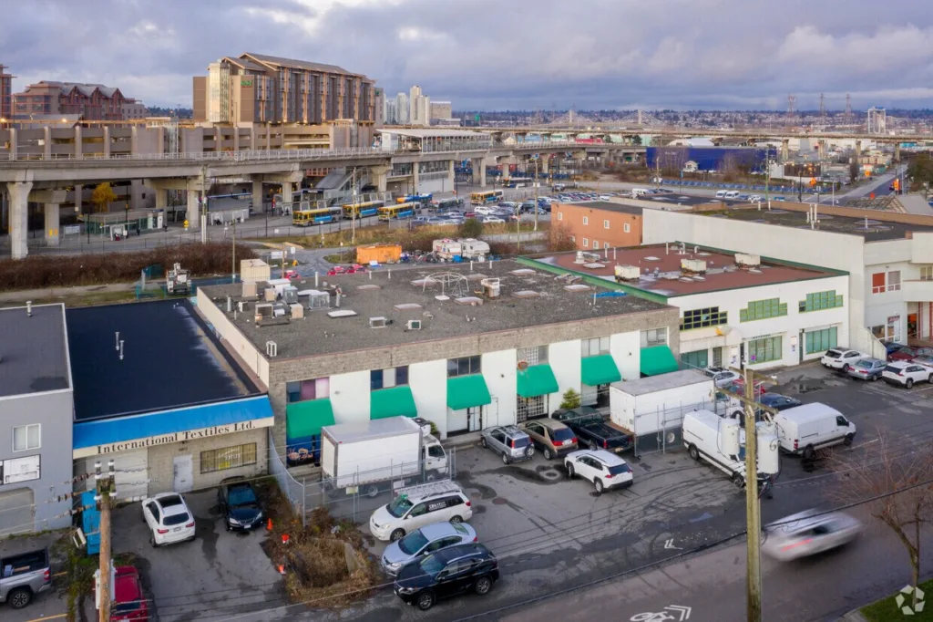 8851 Beckwith Road Richmond — aerial view of industrial strata building near Canada Line SkyTrain