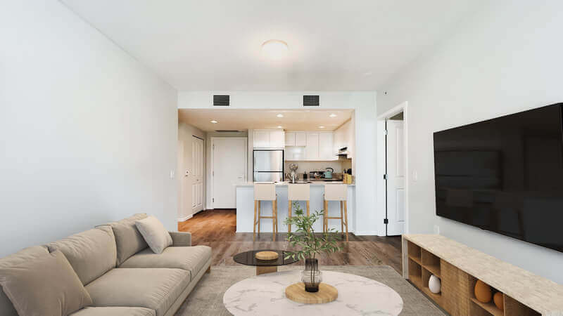 Lelem Village Acadia Rd living and dining area with kitchen island