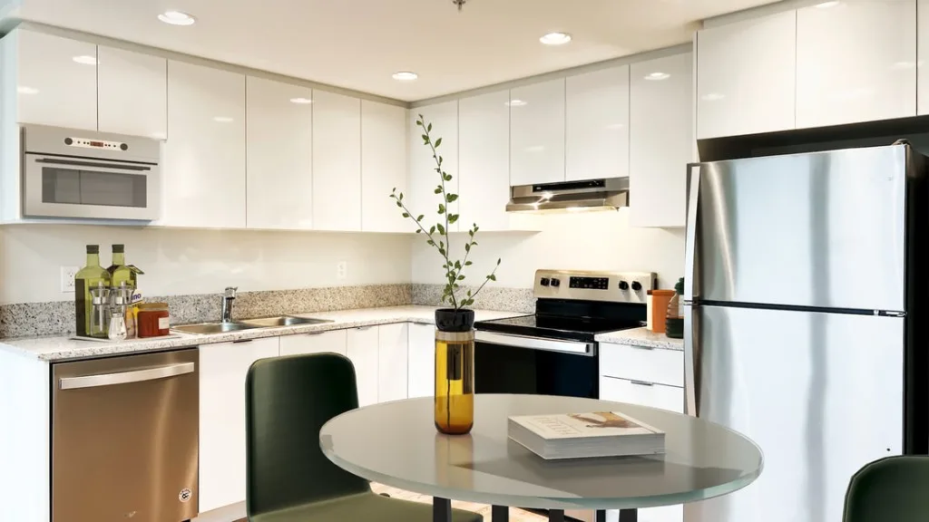 Lelem Village University Blvd Building kitchen close-up showing stone countertops, stainless steel appliances, and white cabinetry