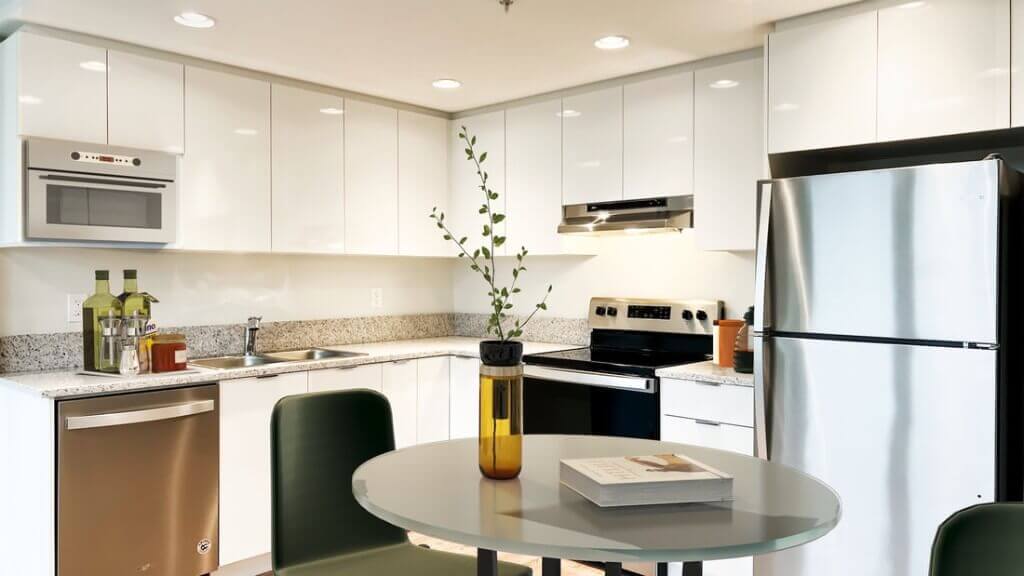 Lelem Village University Blvd Building kitchen close-up showing stone countertops, stainless steel appliances, and white cabinetry