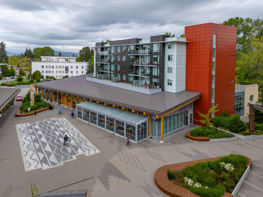Lelem Village University Blvd Building aerial view of courtyard and plaza near UBC