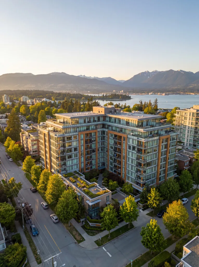 Aerial view of Vancouver cityscape and high-rise buildings